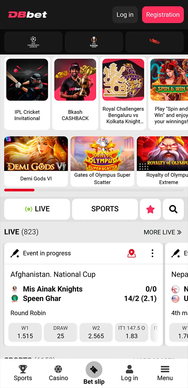 Access the main dashboard of the official DBbet app.