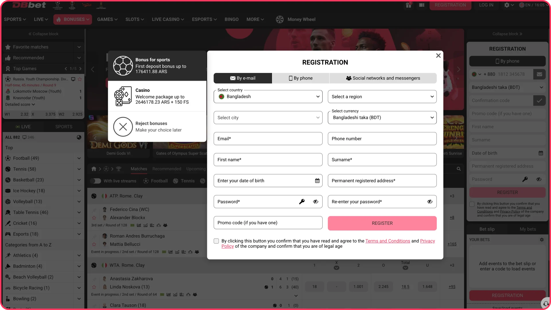 Register a new account at DBbet casino platform.