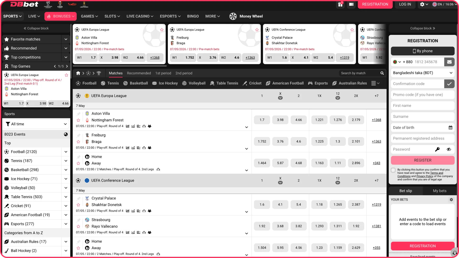 Explore the sports section of DBbet betting site.
