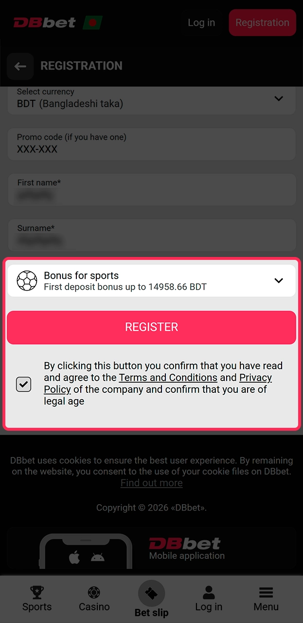 Finalizing the registration to start betting on DBbet.
